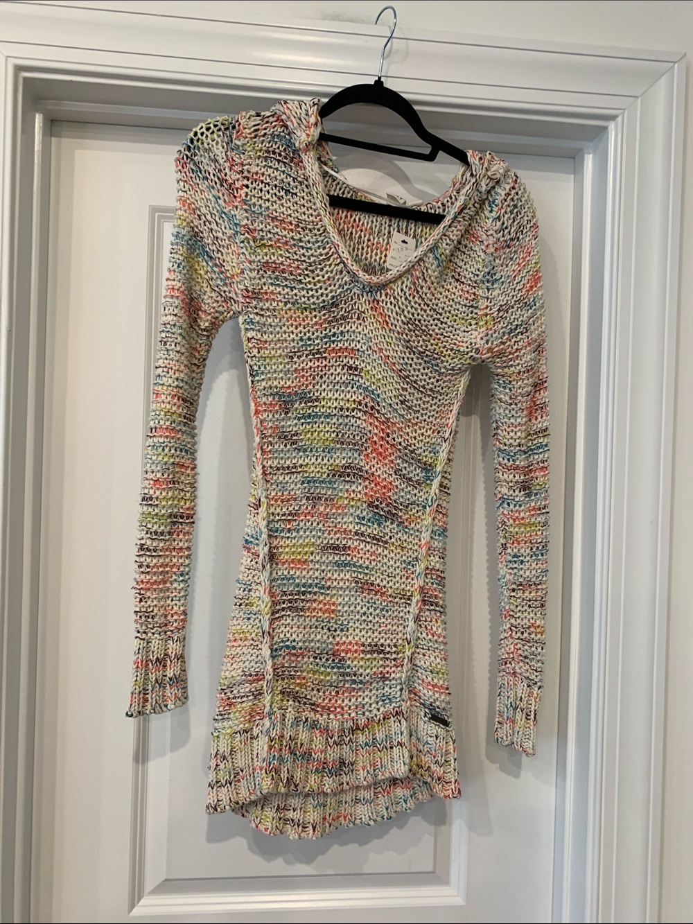 Roxy cotton loose weave Multicolor Speckled V-Neck Hooded Sweater S NWOT